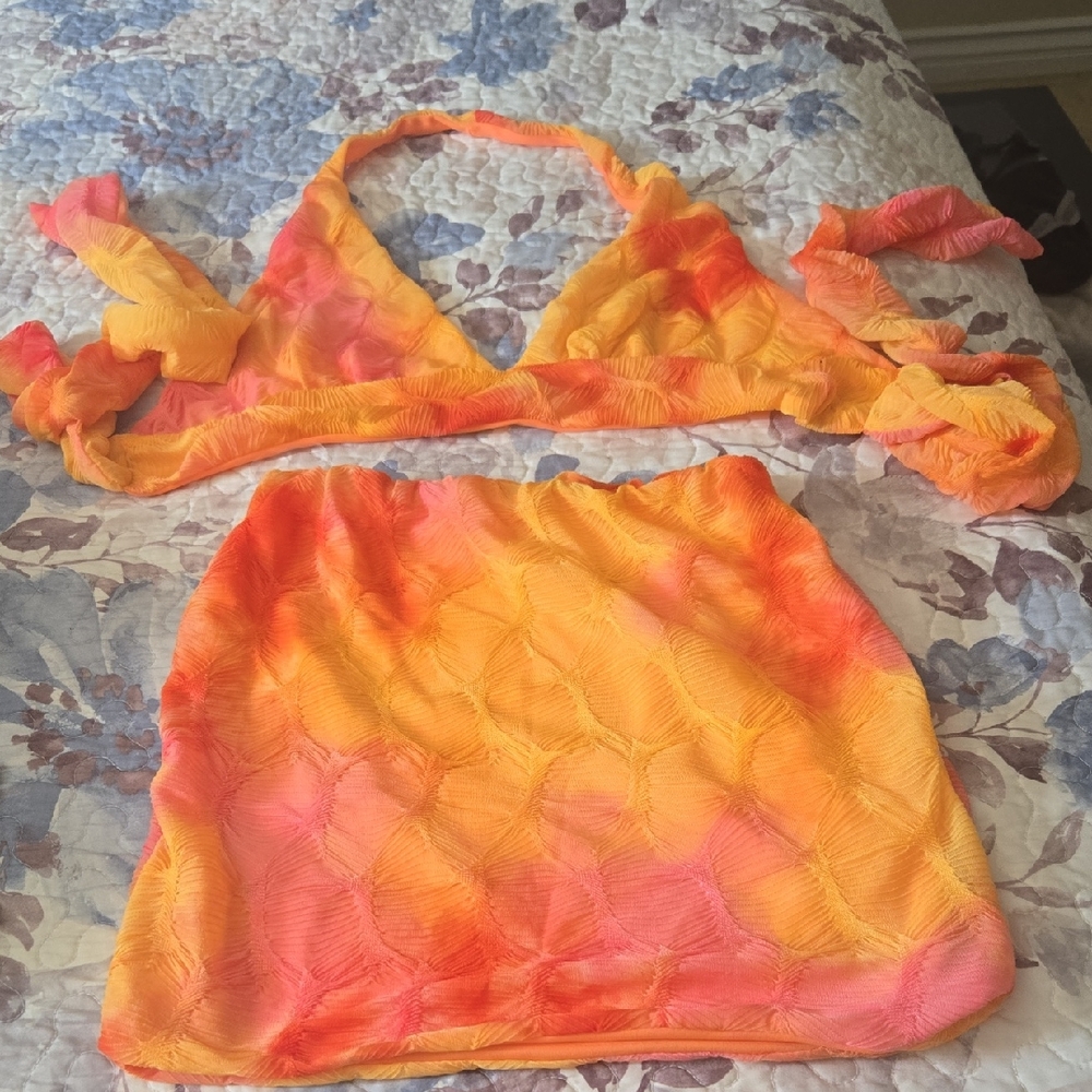 Vibrant Women's Orange and Pink Bra and Skirt Set